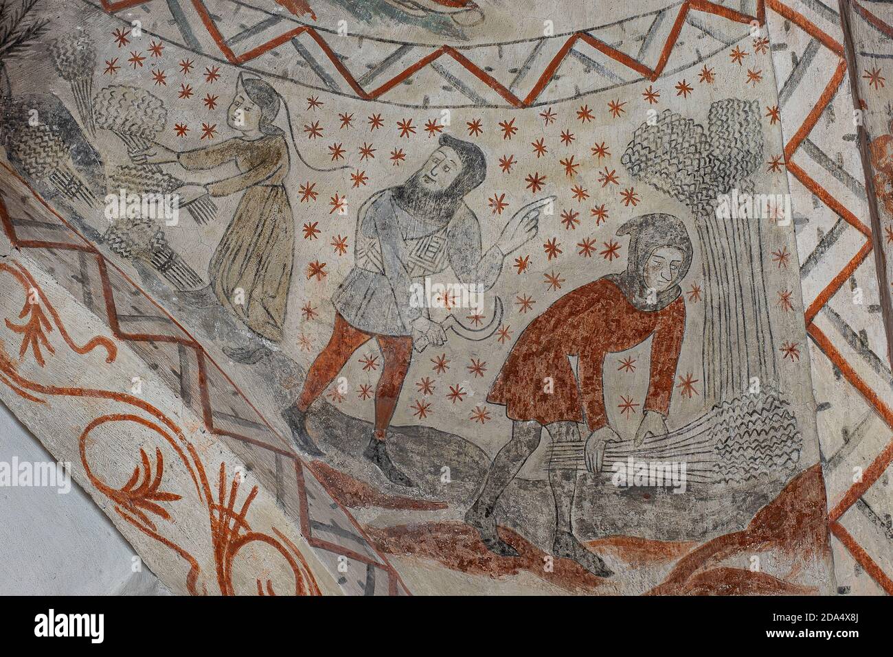 harvesting the self-growing corn, a medieval legend on a wall-painting in Tuse church, Denmark, July 16, 2020 Stock Photo