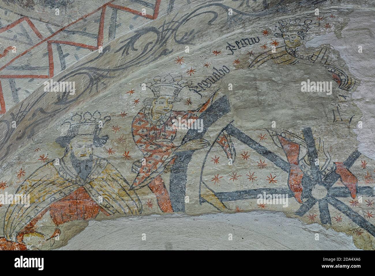 Wall-painting from 1480 of three kings at the Wheel of Fortune in Tuse church, Denmark, November 5, 2020 Stock Photo