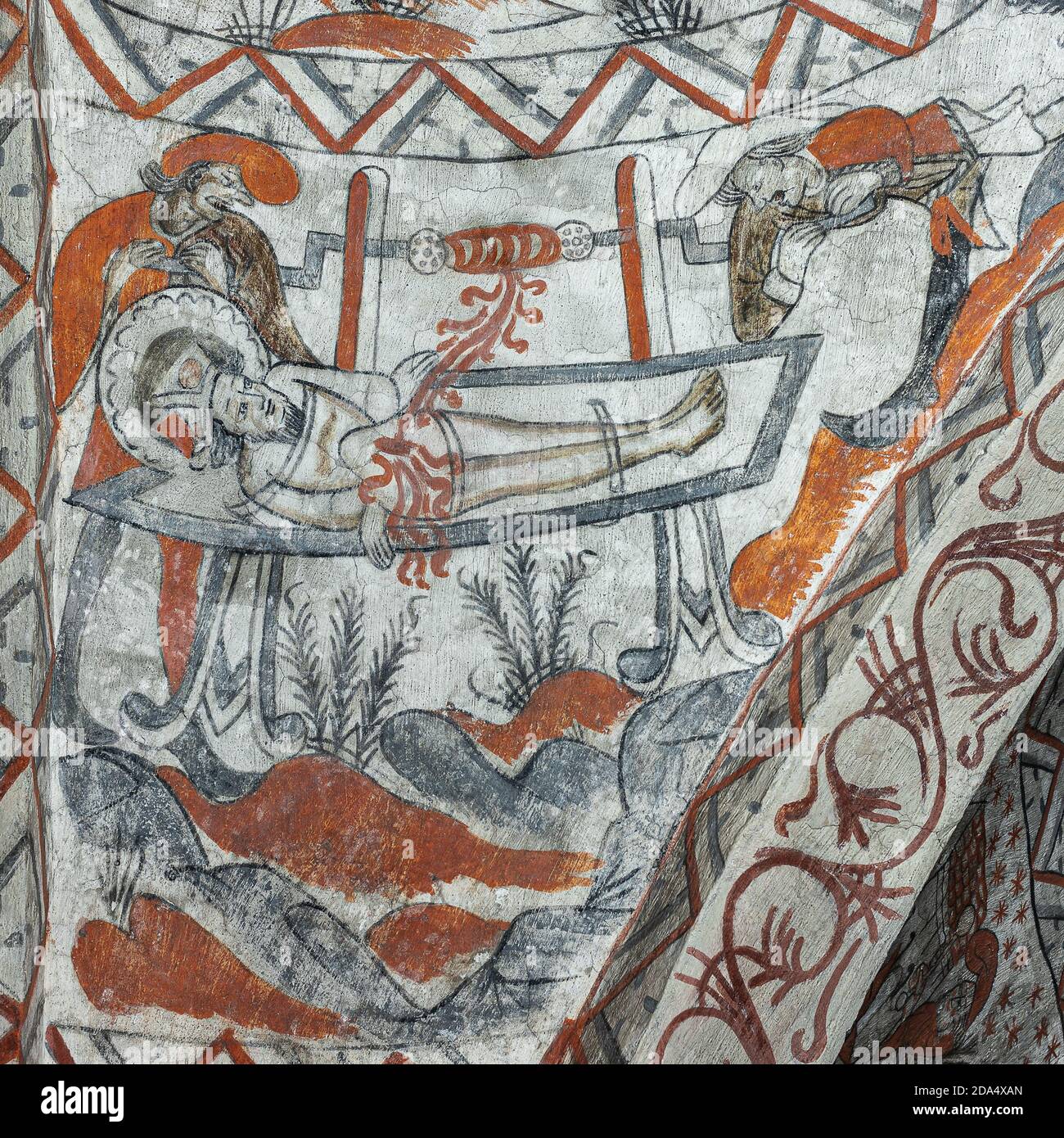 winding up the intestines of st. Lawrence, an ancient fresco in Tuse church, Denmark, July 16, 2020 Stock Photo