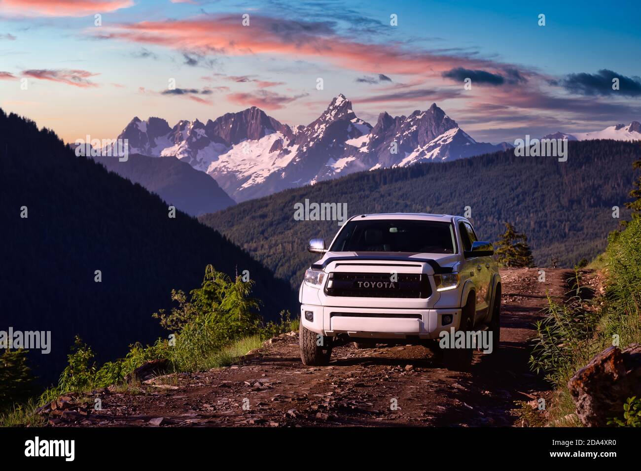 Toyota Tacoma riding on the 4x4 Offroad Trails in the mountains Stock Photo