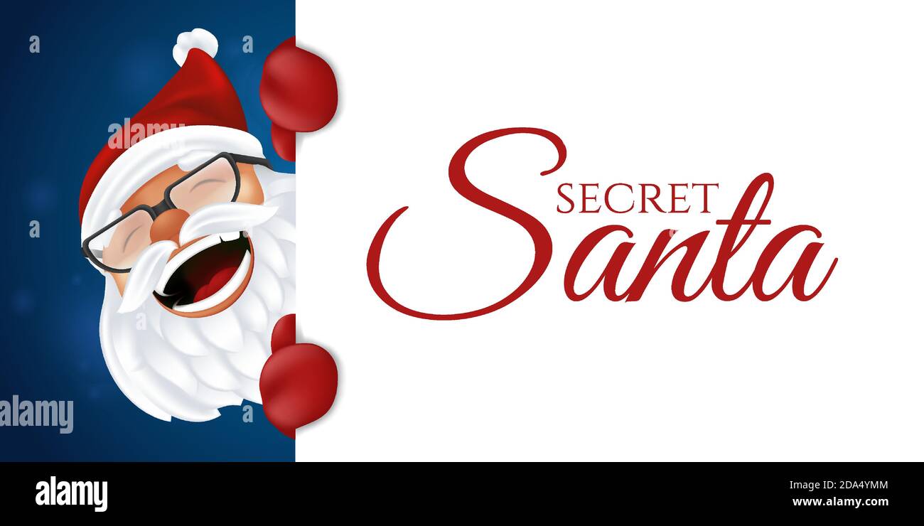 Funny cartoon Santa Claus in red hat, gloves and glasses. Laughing Christmas character in traditional costume peeking from behind a sign with the Secr Stock Vector