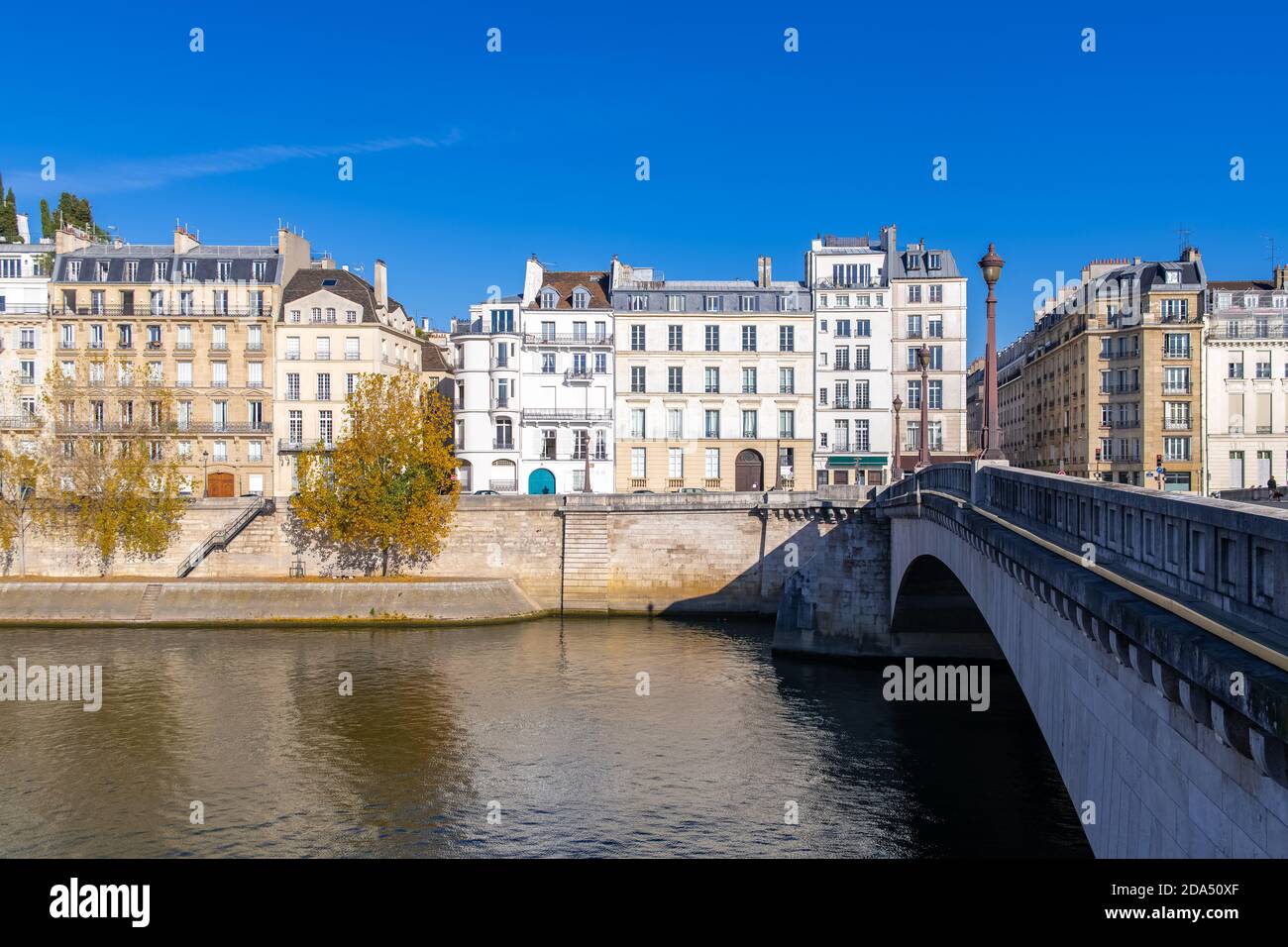 Paris, the Tournelle bridge, beautiful facades quai d’Orleans on the