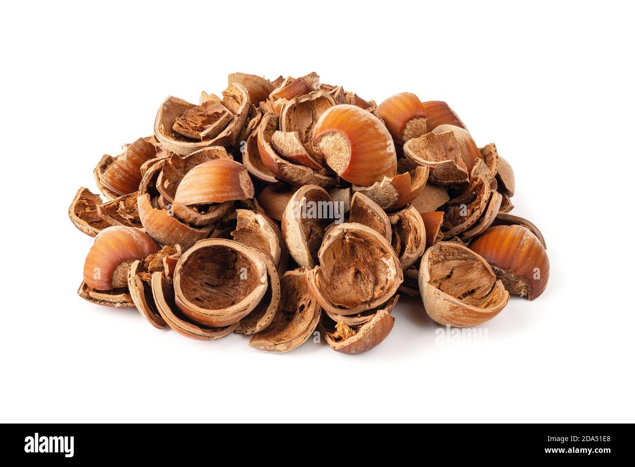 Pile of hazelnut shells isolated on white background. Healthy vegetarian eating, antioxidant and protein source. Food waste and peelings. Front viiew. Stock Photo