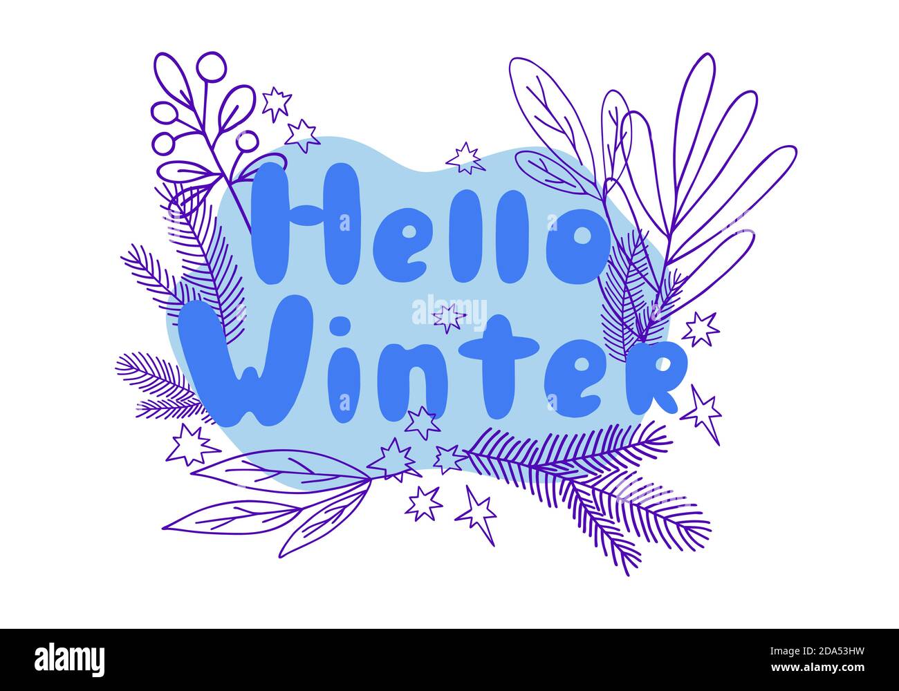Christmas floral composition with Hello winter phrase in simple hand drawn cartoon style for greeting cards, invitations, banner vector illustration Stock Vector