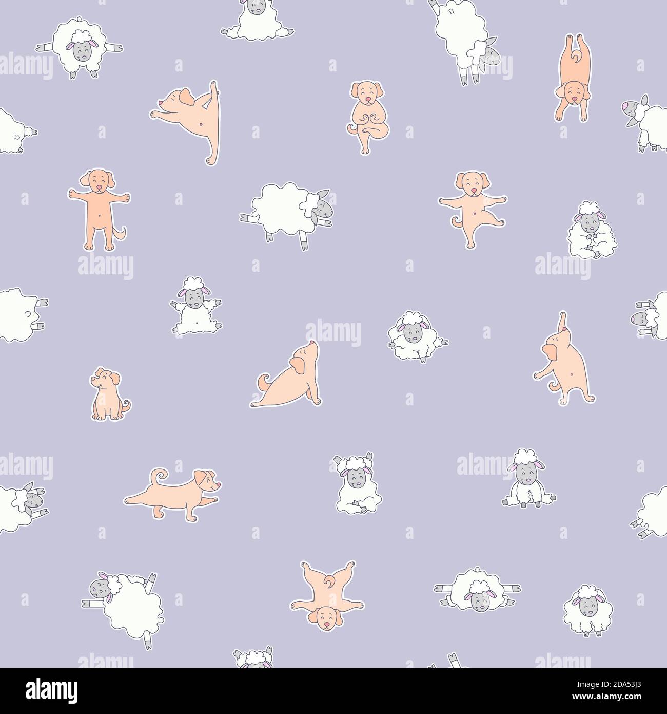 Seamless patterns. Yoga for pets and farm animals. cute dogs and lambs ...