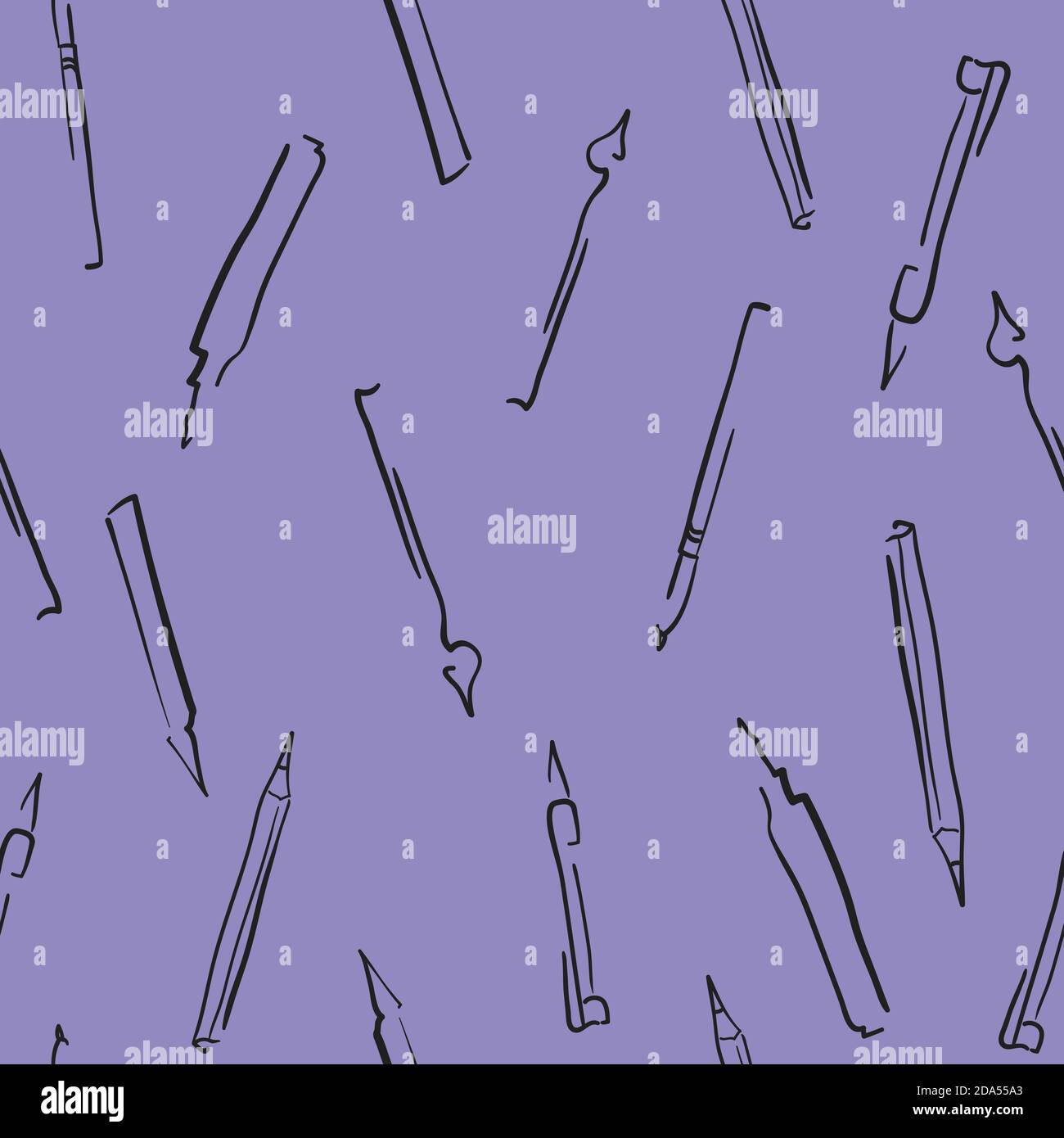 Writing tools on a lilac background. Seamless vector pattern Stock Vector