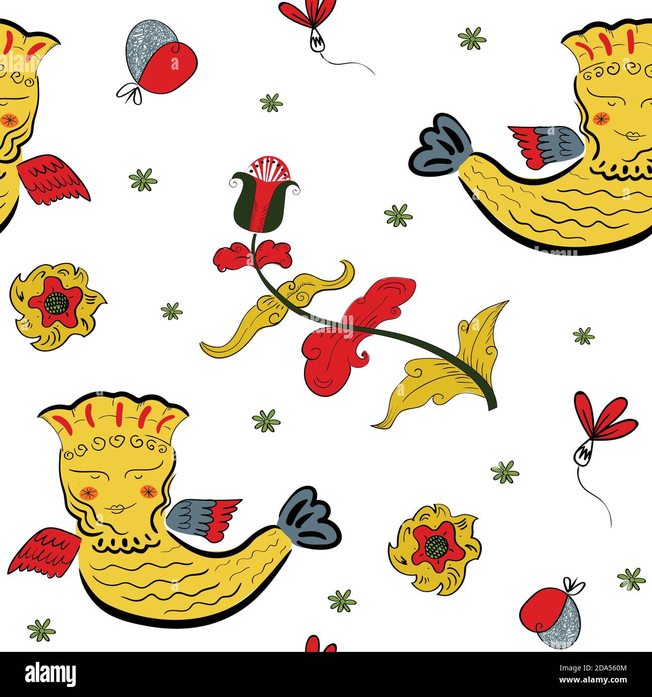 Vector seamless pattern with traditional folk bird with flower on white background Stock Vector