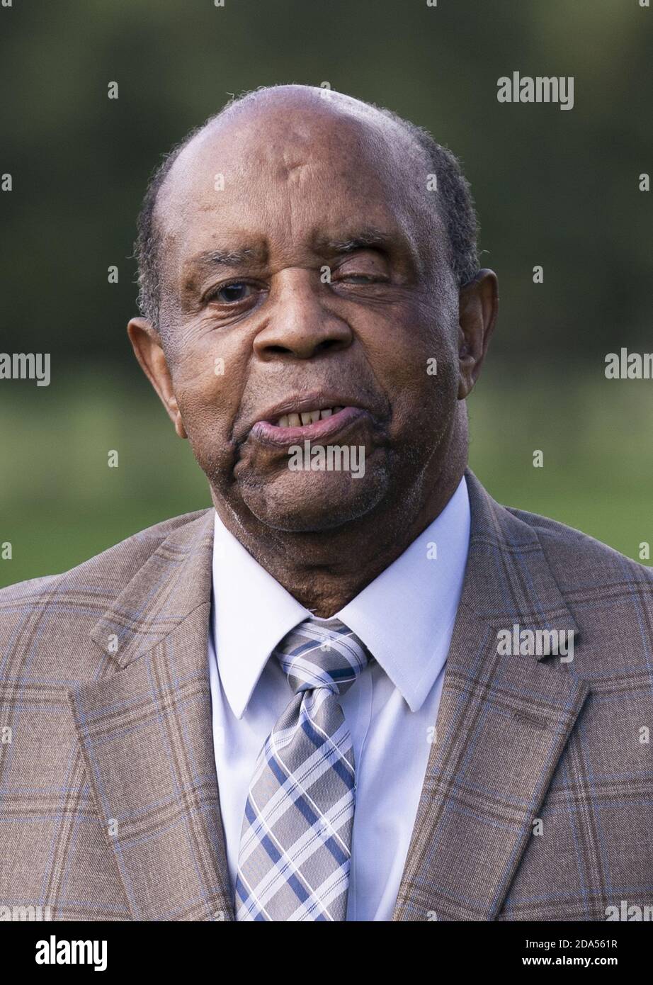 Lee Elder, the first black man to compete in the Masters Torment, poses for a photo after it was announced that Augusta National will establishing scholarships in his name, before the start of the 2020 Masters golf tournament at the Augusta National Golf Club in Augusta, George on Monday, November 9, 2020. Augusta National announced today the creation of the Lee Elder Scholarships at Paine College, a Historically Black College and University, awarded to a male and female student athlete on the college's golf team. Photo by Kevin Dietsch/UPI Stock Photo