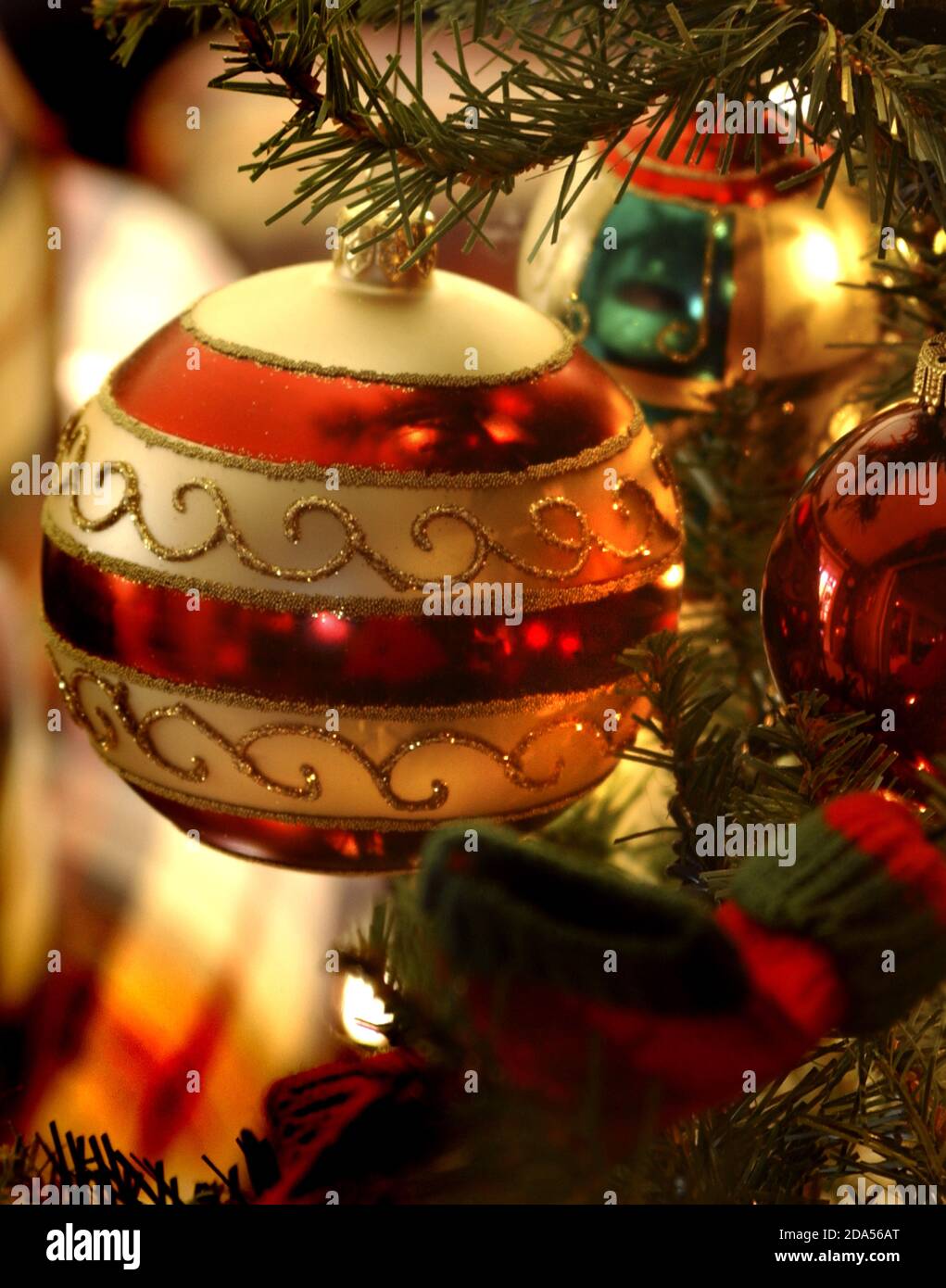 CLOSE-UP OF CHRISTMAS ORNAMENTS HANGING ON TREE Stock Photo