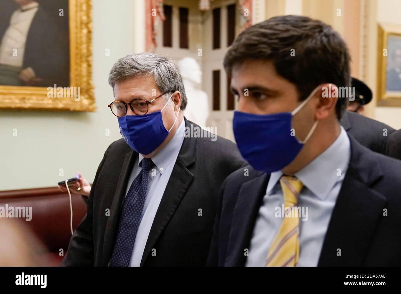 Washington, United States. 09th Nov, 2020. United States Attorney General William P. Barr walks from the office of U.S. Sen. Majority Leader Mitch McConnell (R-KY) on Capitol Hill in Washington, DC on Monday, November 9, 2020. Photo by Ken Cedeno/UPI/ Credit: UPI/Alamy Live News Stock Photo