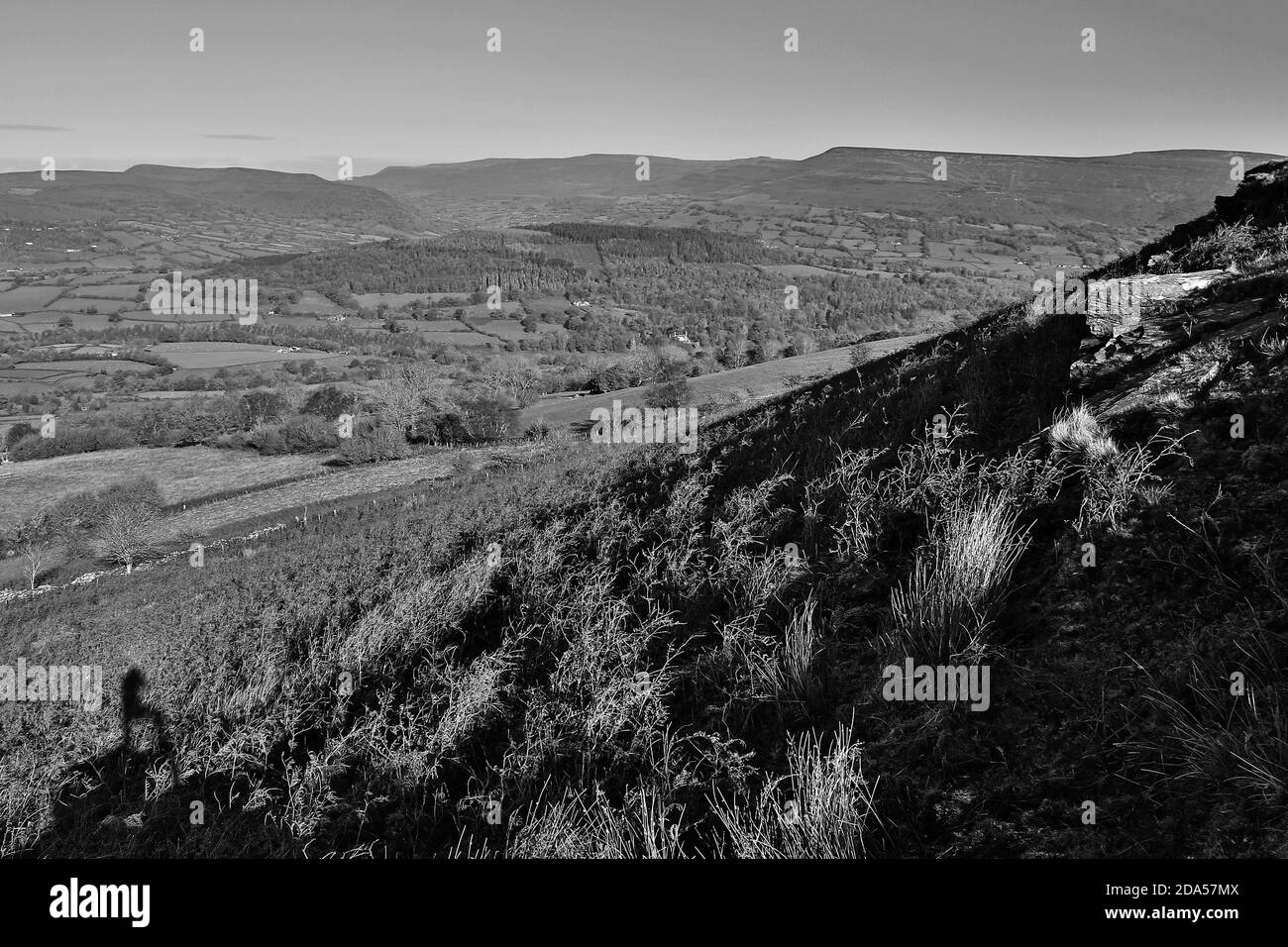 Autumn landscape in the Usk Valley in the Brecon Beacons National Park in November 2020. Black and white landscape. ©PRWPhotography Stock Photo