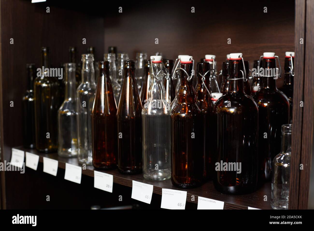 display case with empty glass bottles Stock Photo