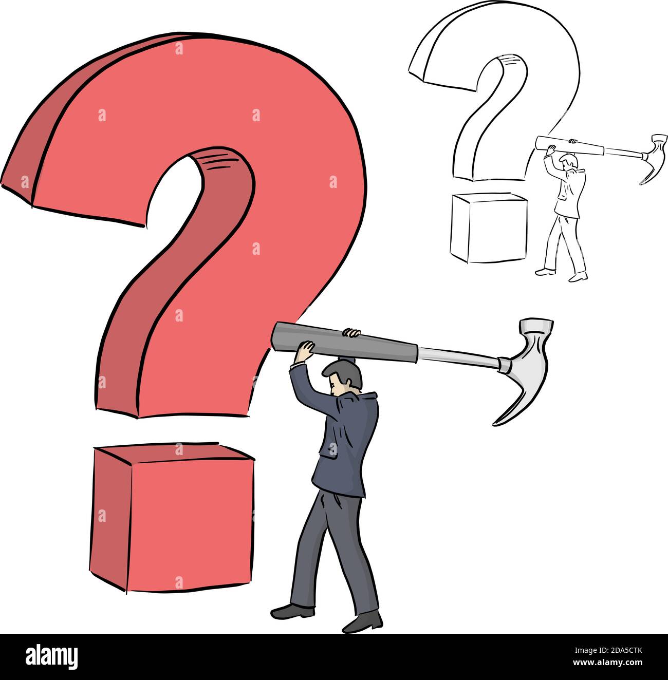 Businessman holding a big hammer to crash red question mark vector