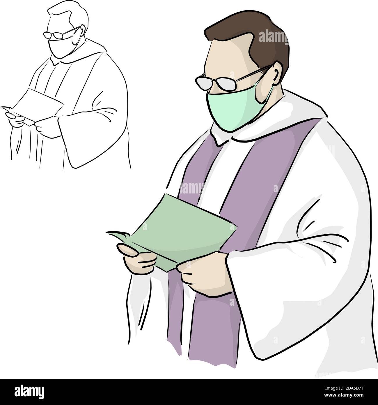 priest or pastor with surgical mask and glasses giving a funeral service in Covid-19 situation vector illustration sketch doodle hand drawn isolated o Stock Vector