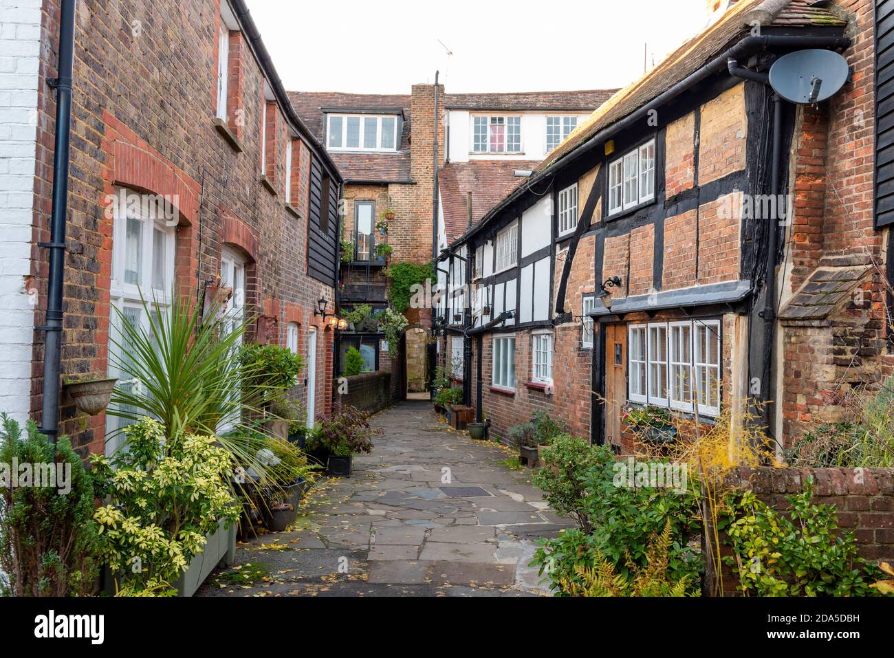 Talbot Lane, a narrow thoroughfare in the town centre, adjoins Market Square in Horsham, West Sussex, England, UK. Stock Photo