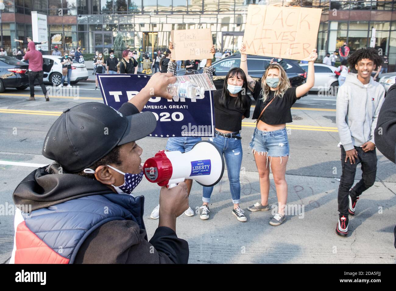 Protestors gather at the Ohio Statehouse in Columbus, Ohio on Saturday shortly after the presidential projection for Joe Biden was announced. Stock Photo