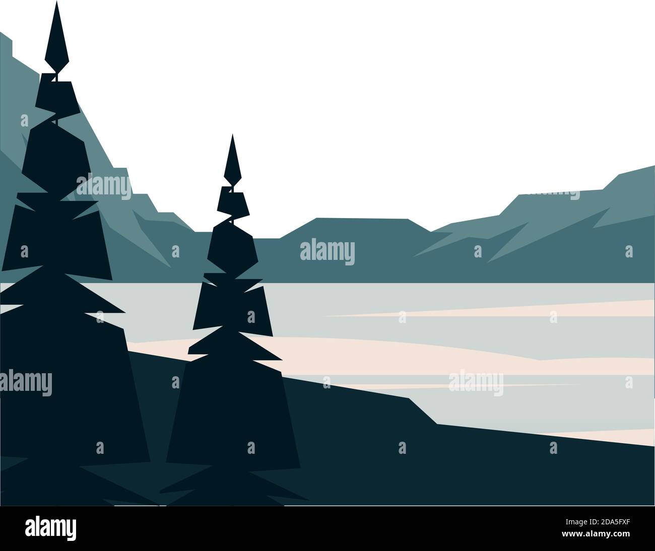 winter season landscape scene with pines forest and lake vector ...