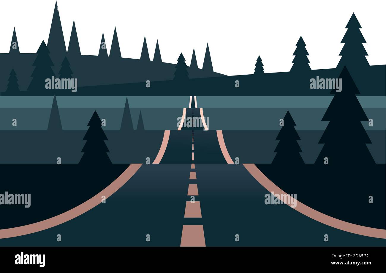 winter season landscape scene with pines forest and road vector ...