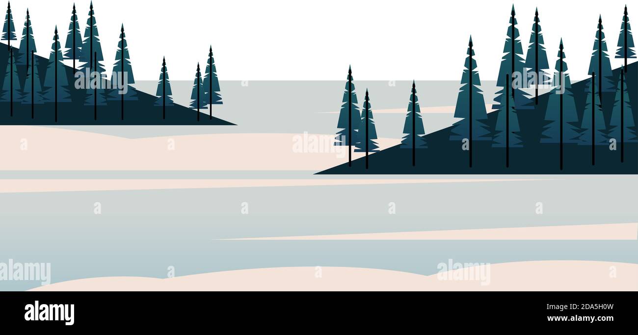 winter season landscape scene with pines forest and lake vector ...