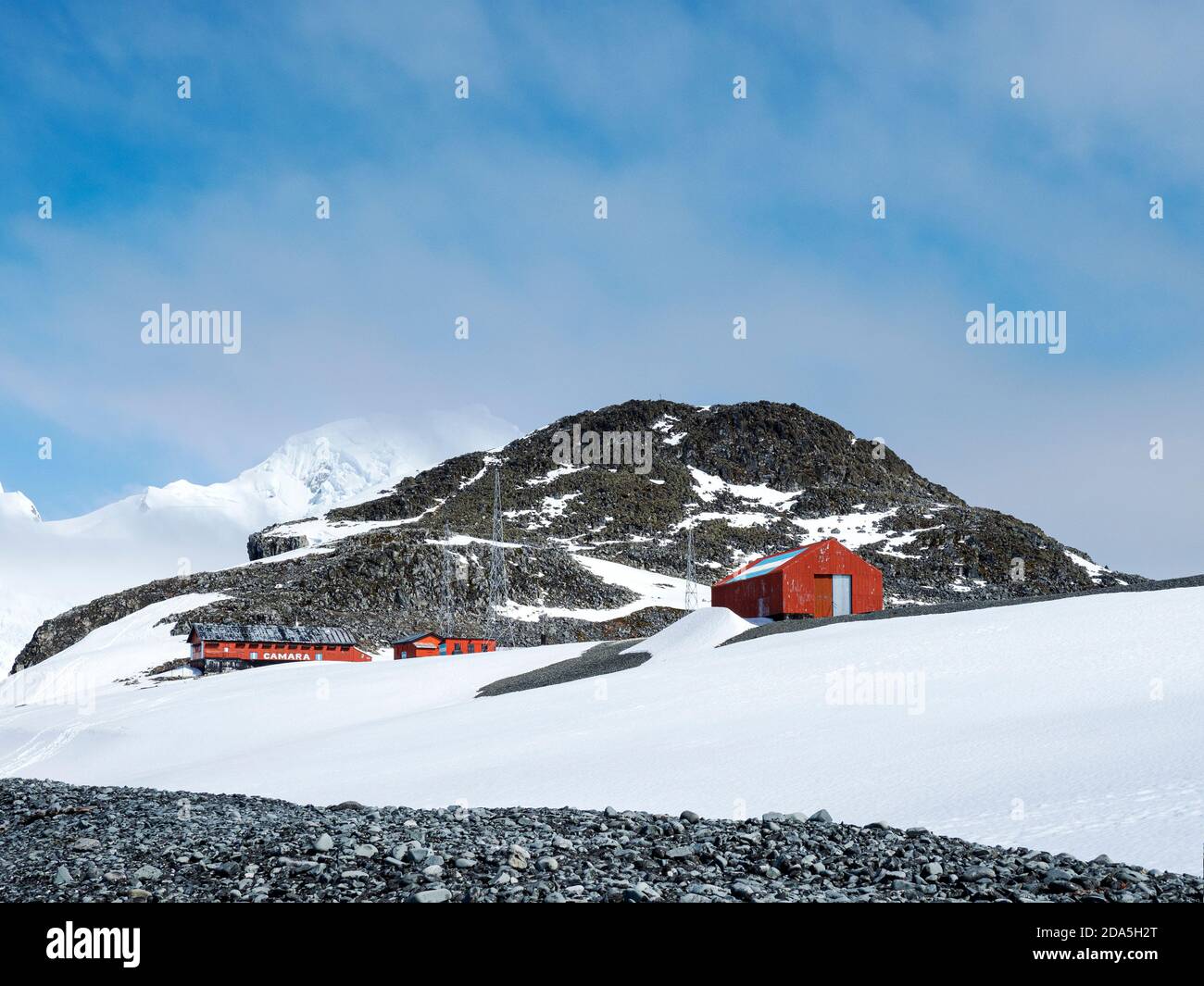 The Argentine Research Station Camara on Half Moon Island, South Shetland Islands, Antarctica. Stock Photo