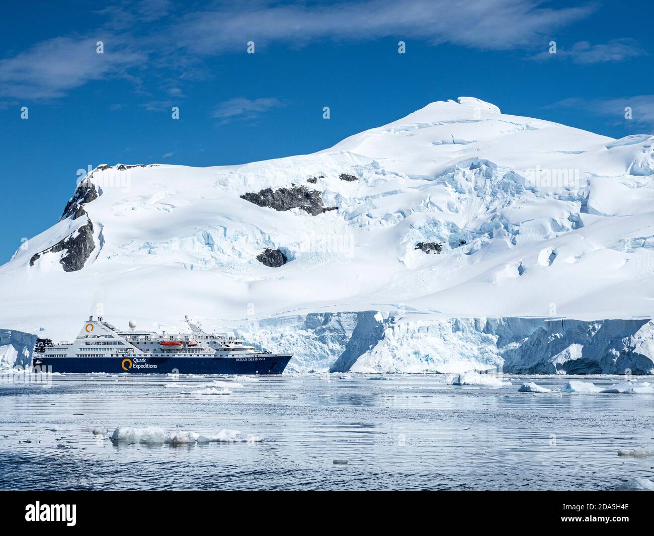 The Quark Expeditions ship Ocean Diamond in the Gerlache Strait, Antarctica. Stock Photo