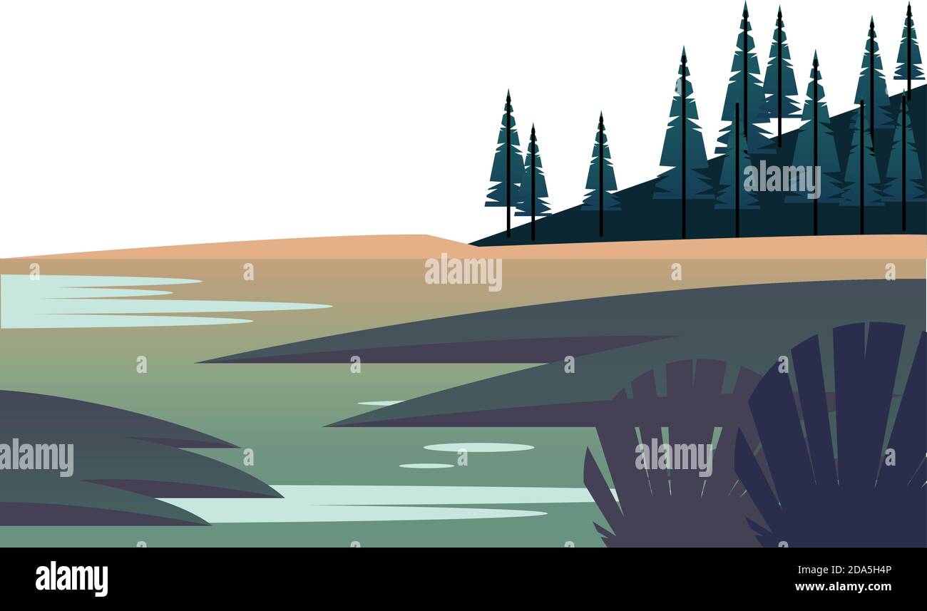 winter season landscape scene with pines forest and lake vector ...