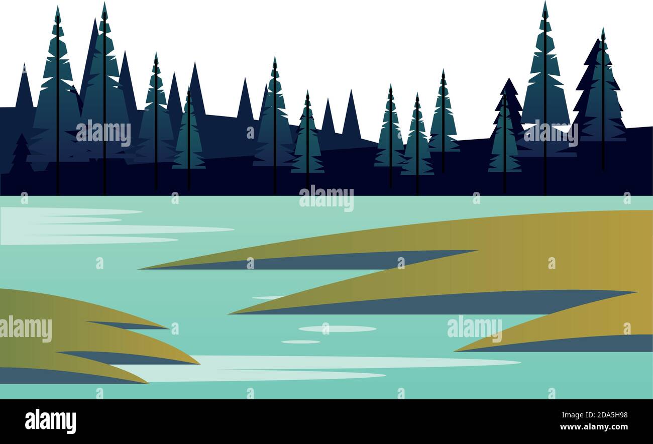 winter season landscape scene with pines forest and lake vector ...