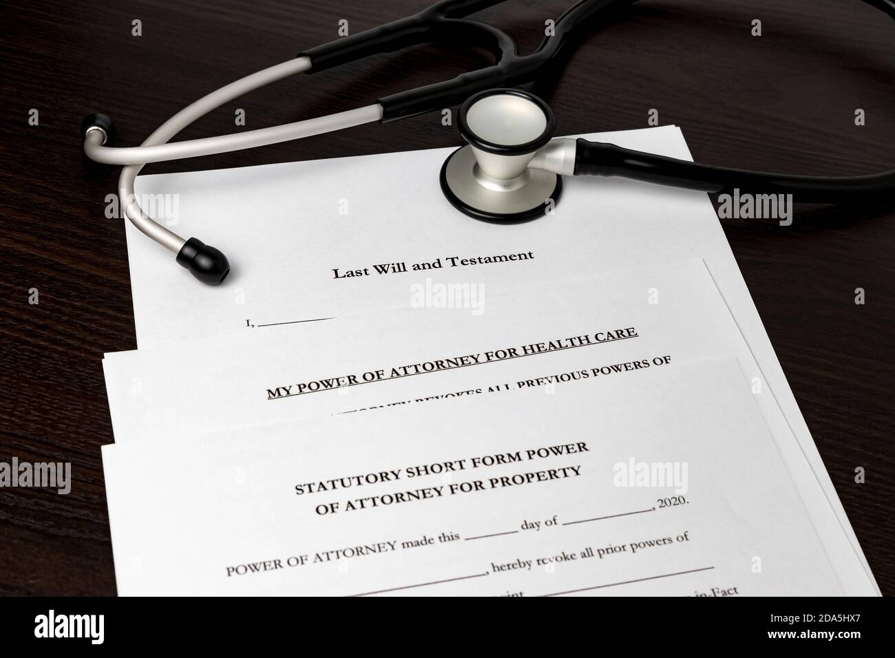 Last will and testament, Power of Attorney, POA with stethoscope. Concept of planning for death, final wishes, probate court system, guardianship and Stock Photo
