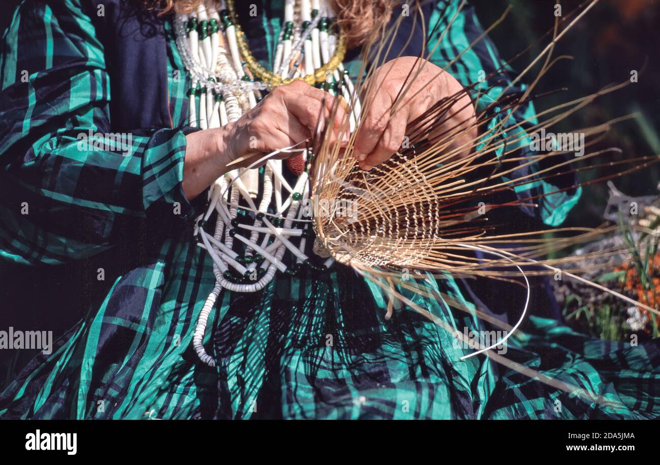 Kashia Pomo woman weaving  'Cone shaped Acorn gathering basket,',   California. Stock Photo