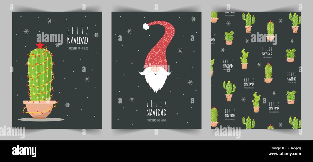 Feliz navidad cards with cute christmas elf and cactuses. Season greetings. Stock Vector