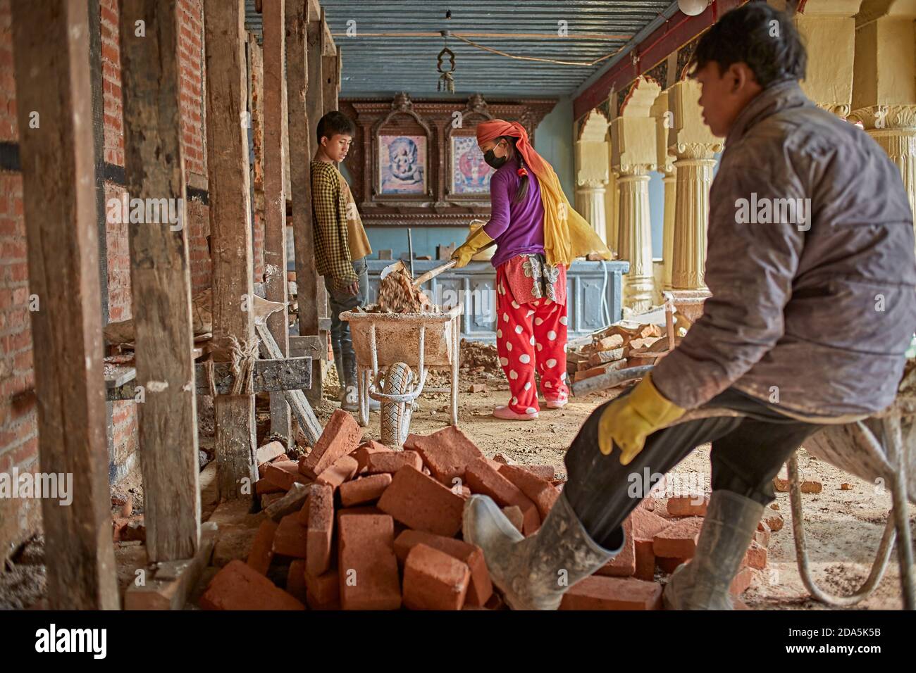 Kathmandu, Nepal, January 2016. Temple in reconstruction after the earthquake of April 2015. Stock Photo