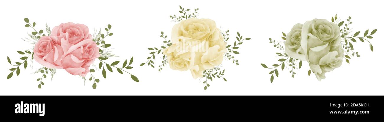 Beautiful rose bouquet watercolor set design element isolated on white ...