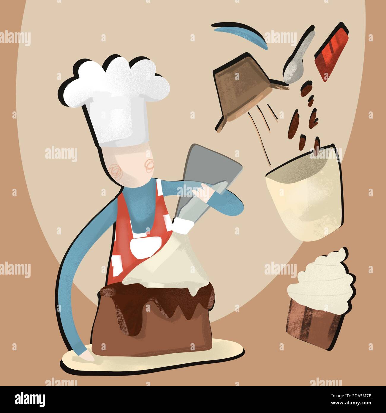 cooking illustration. chef in uniform glazing cake with frosting ...