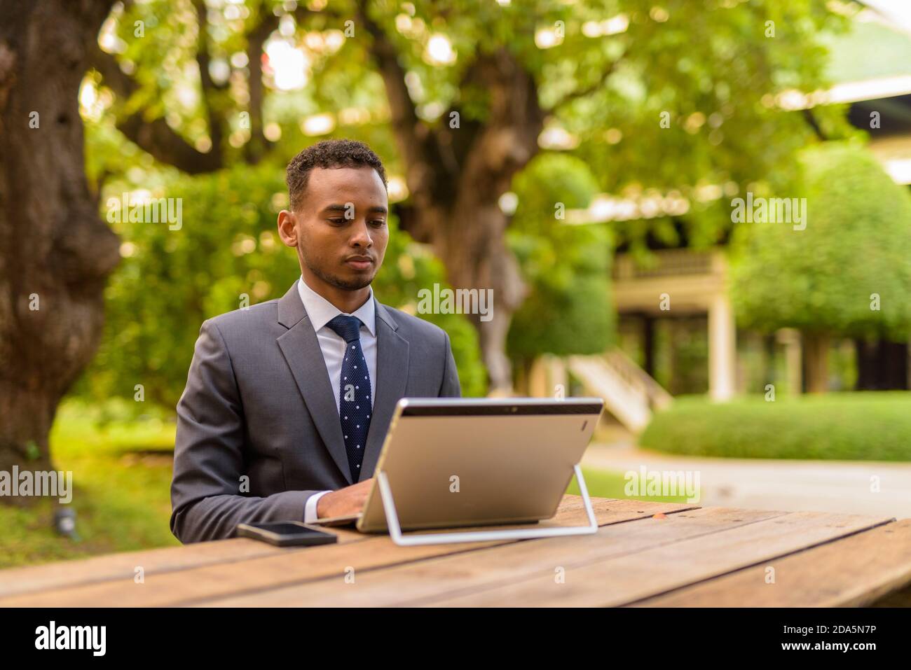 African businessman sitting outdoors using laptop computer Stock Photo ...