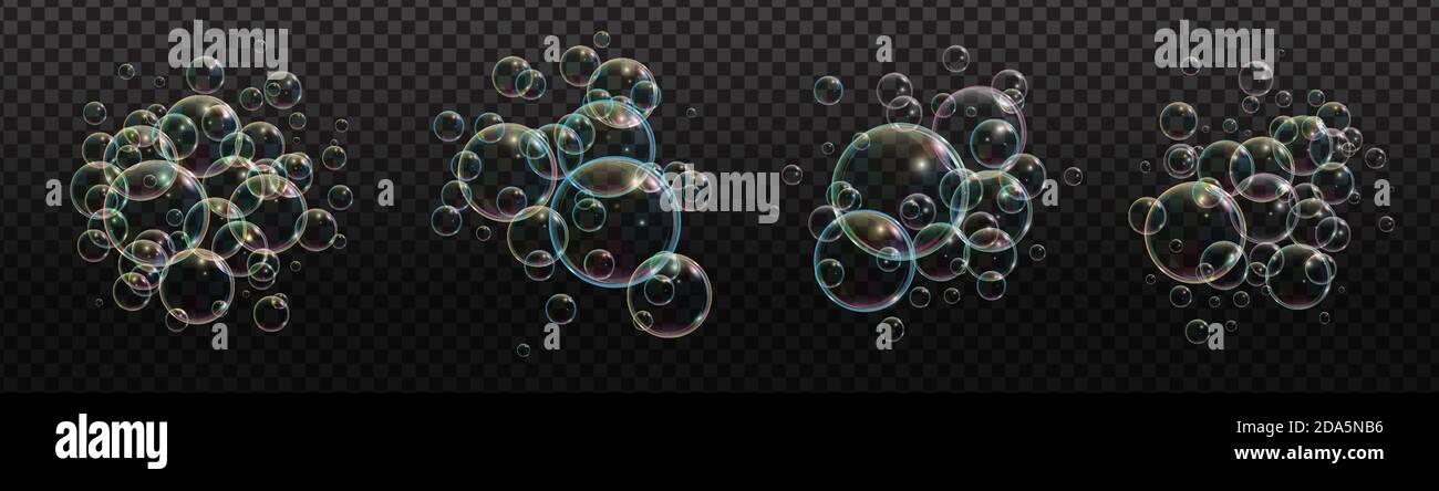 Bath foam soap with neon bubbles isolated vector illustration on transparent background. Colorful cloud of blowing bubbles and soapy foam. Set of cloud Stock Vector