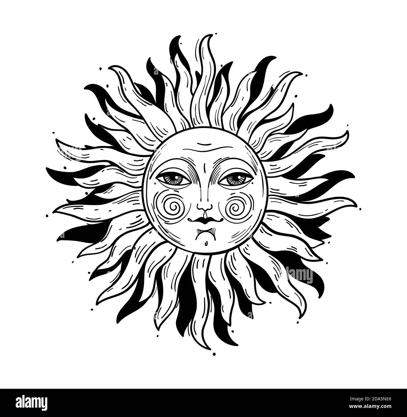 Vintage style illustration, sun with a face, stylized drawing, engraving. Mystical element for design in boho style, logo, tattoo. Vector illustration isolated on white Stock Vector