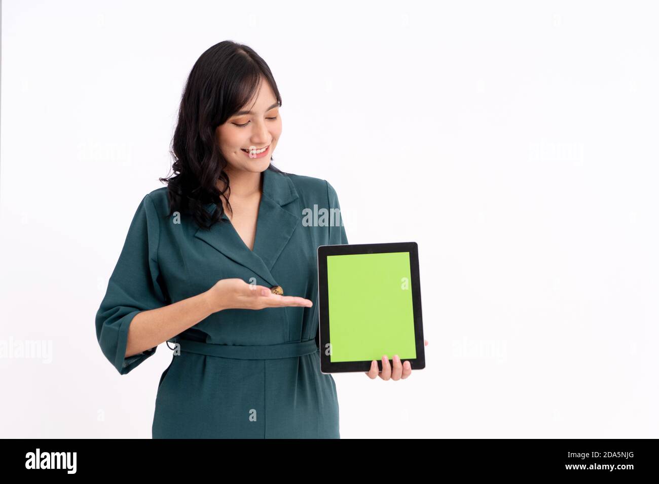 Happy business woman portrait. Showing copy space on the tablets Stock ...
