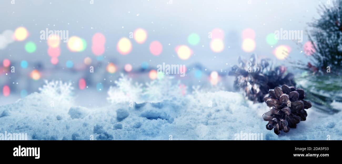 Pine cone on the snow with blurred light background Stock Photo