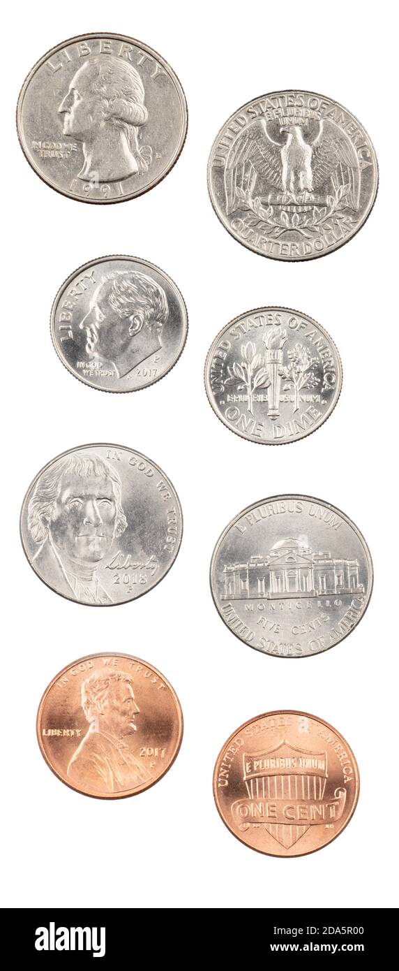 Front and back of the four most common American coins,quarter, dime, nickle,penny isolated on a white background Stock Photo