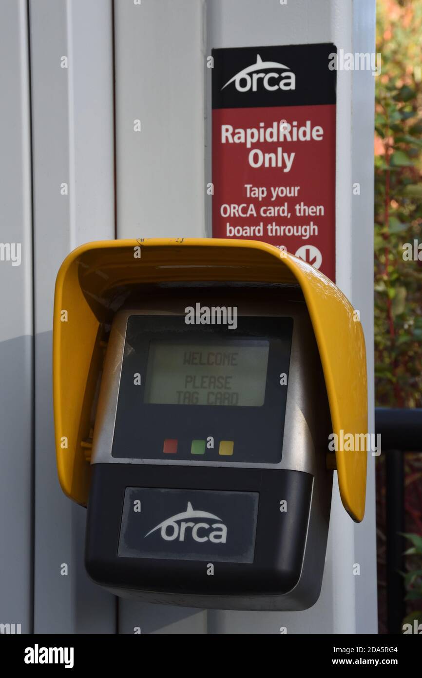 Orca card vending machine for RapidRide King county metro transit, Washington, USA Stock Photo