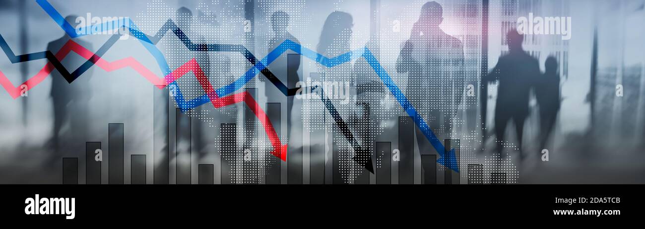 Market falling concept. Black blue and red down arrows bar chart stock market. Stock Photo