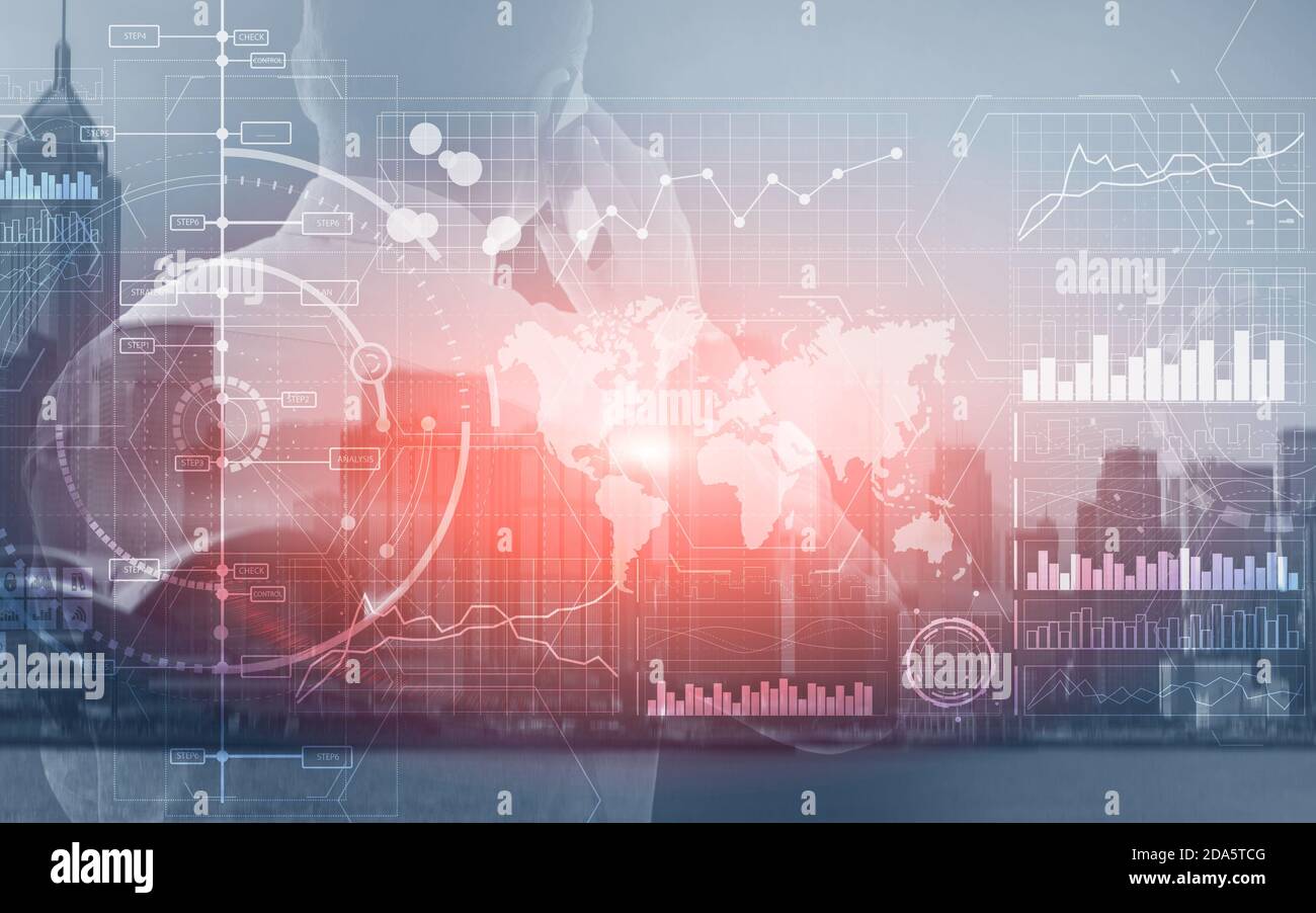 New Business intelligence BI Key performance indicator KPI Analysis dashboard transparent technology background. Stock Photo