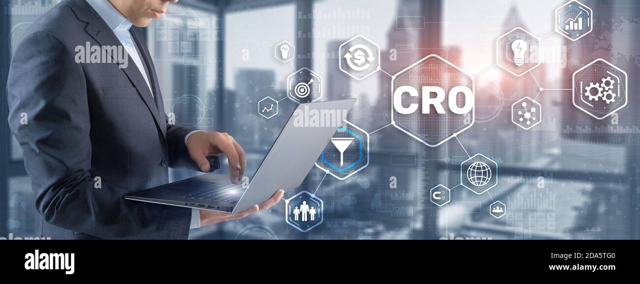 Conversion rate optimization on virtual screen. CRO concept and lead generation 2021. Stock Photo