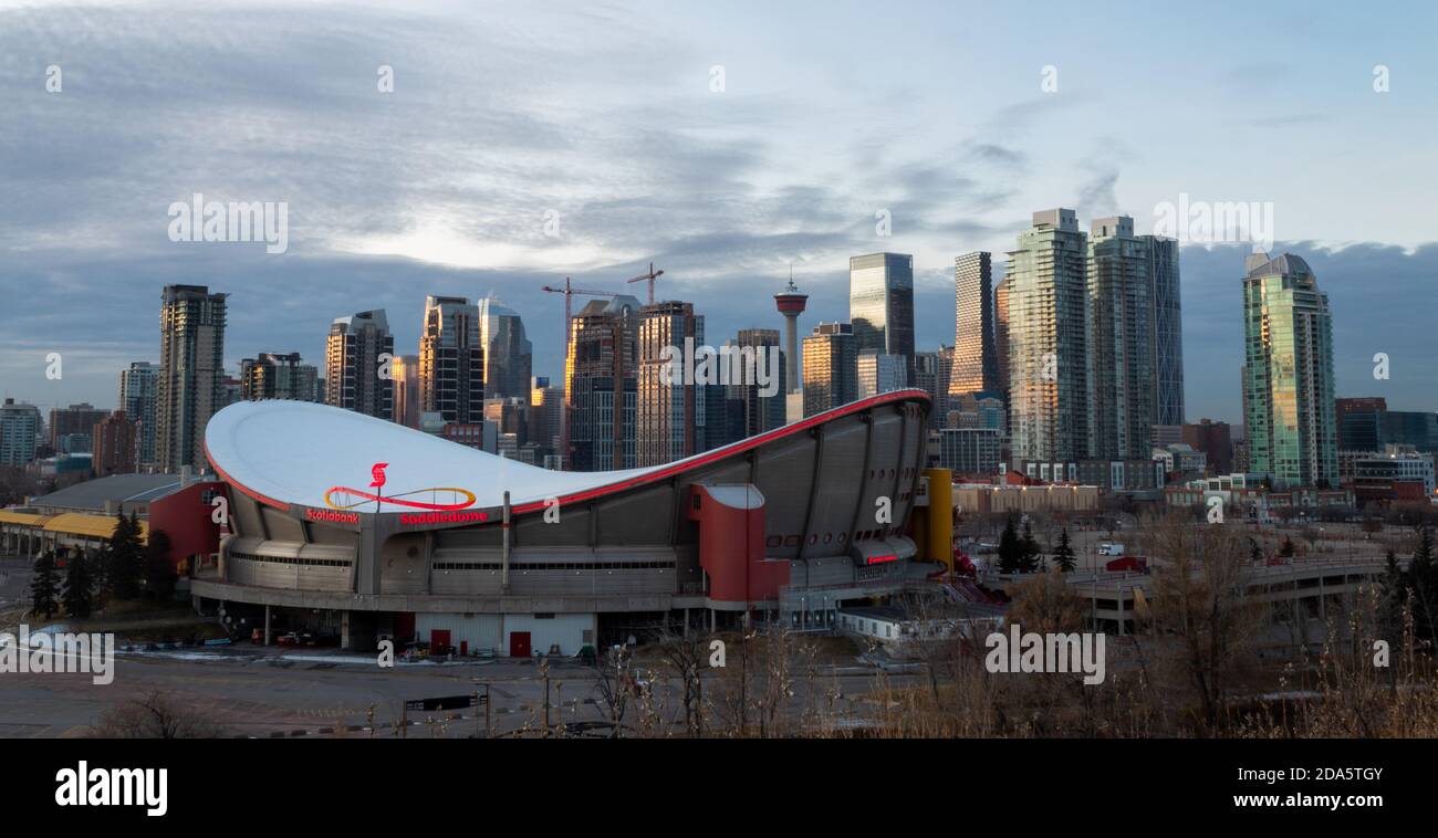 Scotiabank Saddledome in front of the Calgary Skyline, Alberta Canada Stock Photo