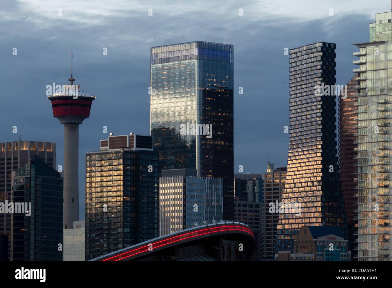 Calgary Tower, Brookfield Place, and Telus Sky in the Calgary Skyline, Alberta Canada Stock Photo