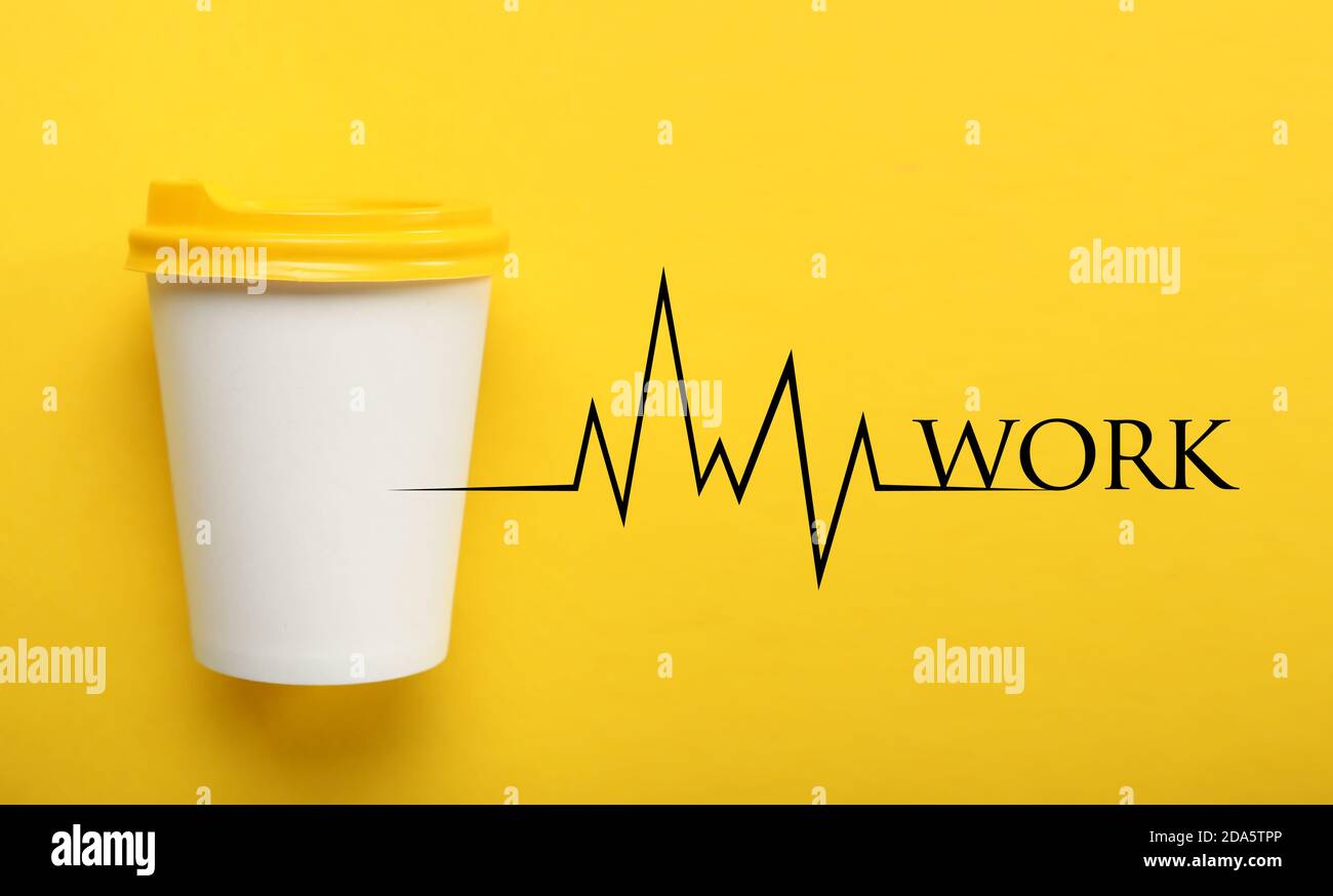 Takeaway coffee cup and word WORK on color background Stock Photo