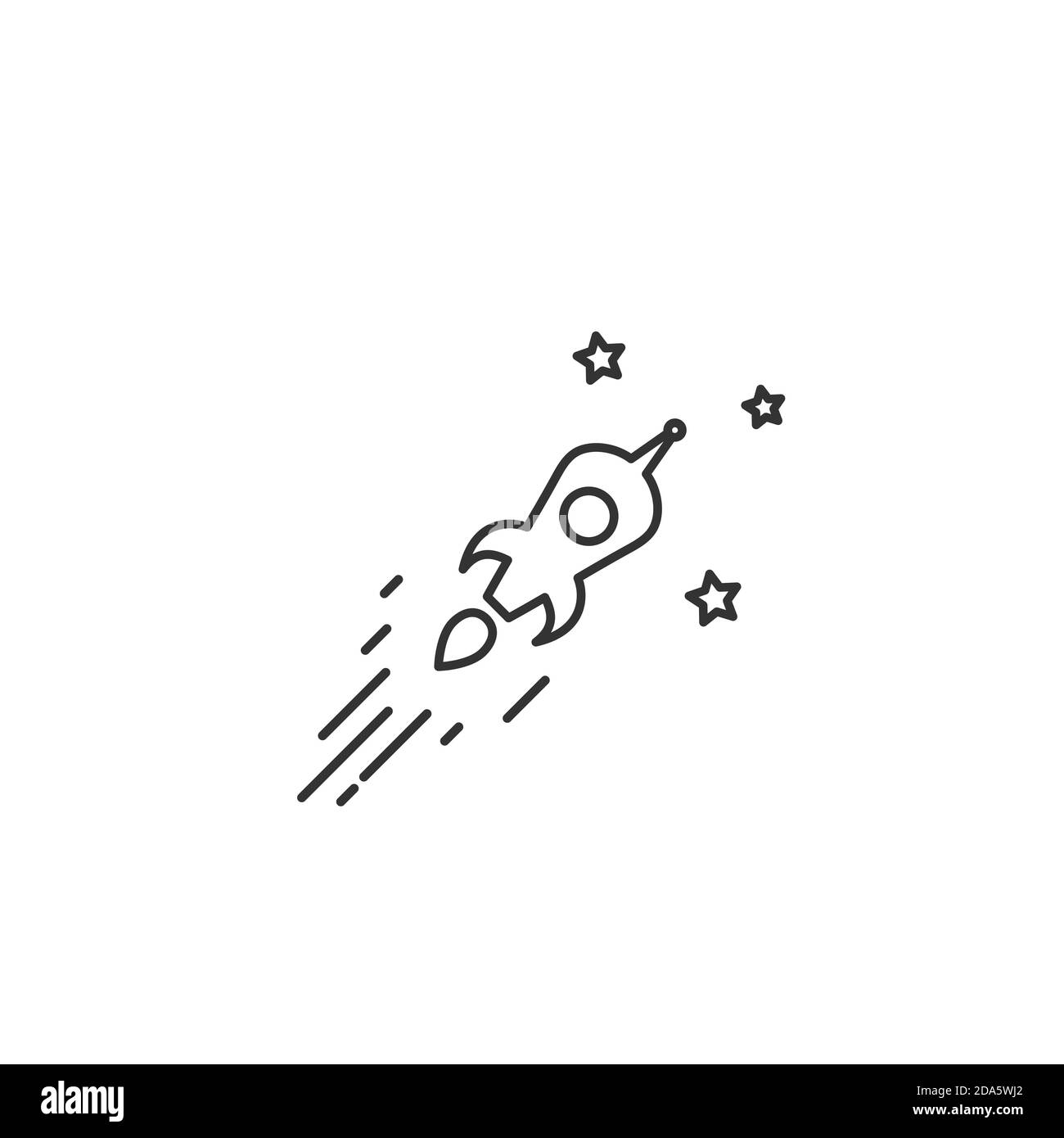 Outline rocket ship with stars. Isolated on white. Flat line icon. Vector illustration with flying rocket. Goal achieve. Project start up sign. Creati Stock Vector