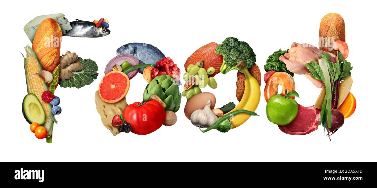 Food symbol as fresh ingredients as vegetables fruit shaped as text. Stock Photo