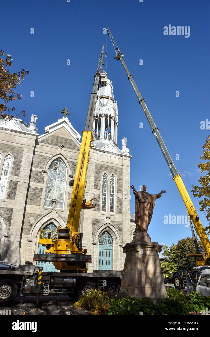 Repair of the steeple of the church of Saint-Pie in Quebec, Canada with ...