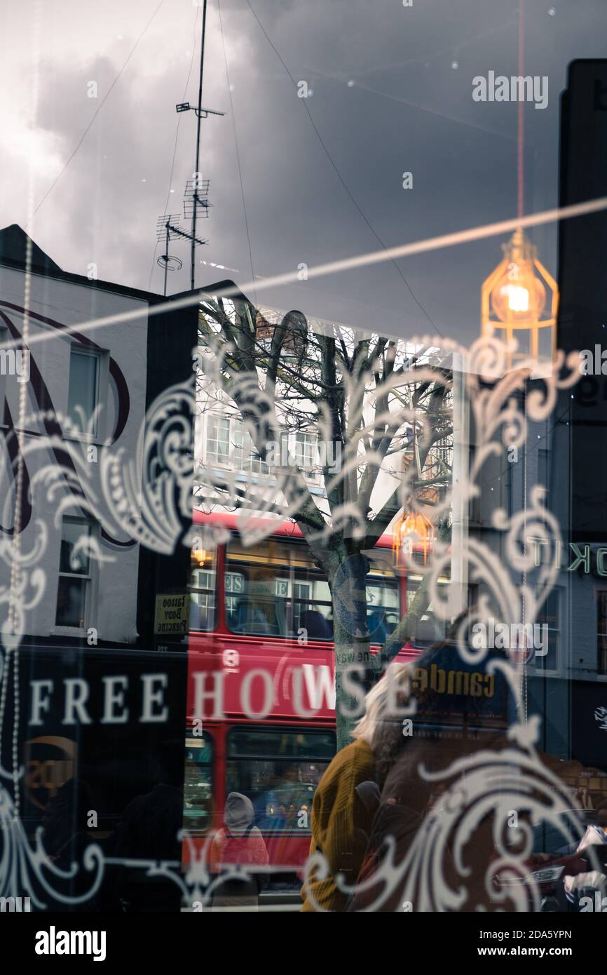 Reflection Of London Through A Pub Window Stock Photo Alamy